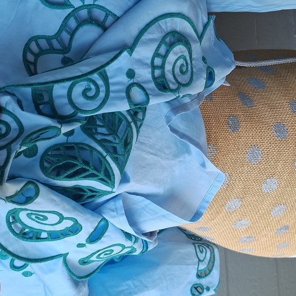 Farm Rio Richelieu Light Blue And Green Cropped Scalloped Hem Top Size XL Cotton - Picture 7 of 15